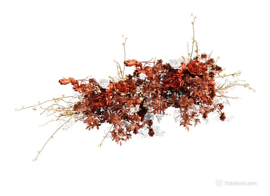 Decorative Rusty Red Flowers In Vase With Twigs And Dried Leaves 3d model 
