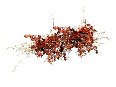 Decorative Rusty Red Flowers In Vase With Twigs And Dried Leaves 3d model
