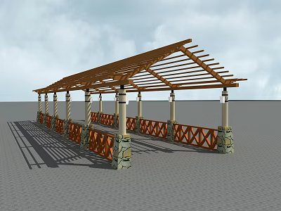 Outdoor Pergola with Wooden Roof Structure Stone Pillars and Wooden Railings 3d model