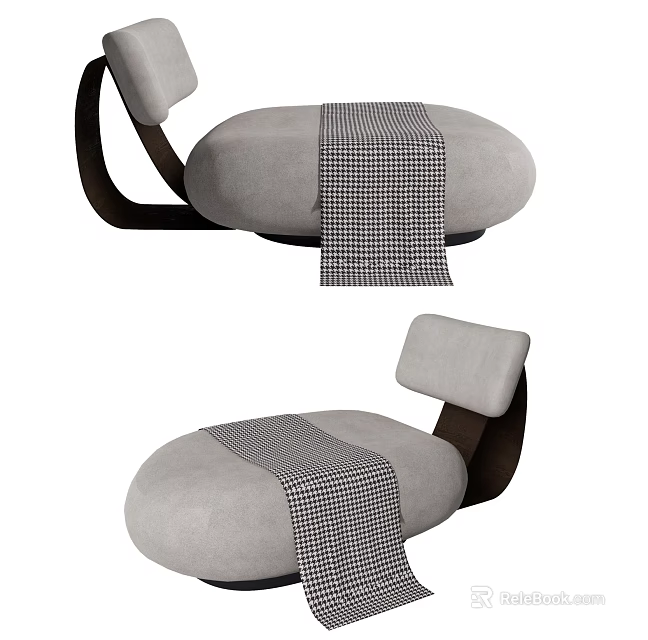 Modern Light Gray Lounge Chair With Checkered Blanket And Dark Wooden Frame 3d model 