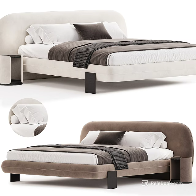 Modern Background Double Bed Interior With Beige Upholstery White Pillows And Gray Blanket 3d model 