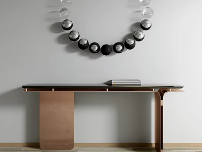 Modern Console Table With Wooden Top And Brass Frame Under Spherical Wall Decorations 3d model