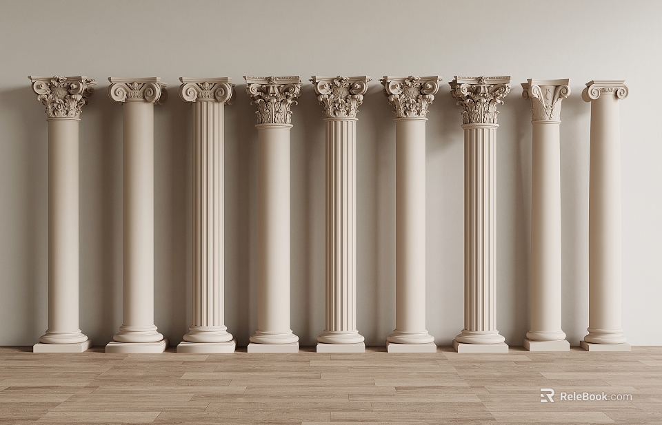 Classical Style Columns Arranged Against Light Colored Wall With Wooden Floor 3d model 
