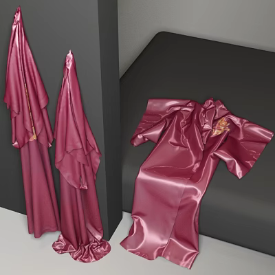 Three Burgundy Shiny Robes With Gold Details Hanging And Laid On Black Surface 3d model Three Burgundy Shiny Robes With Gold Details Hanging And Laid On Black Surface 3d model