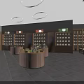 Modern Elegant Specialty Store Interior With Wooden Display Shelves And Round Display Counters