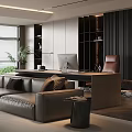 Modern Living Room Minimalist Design With Large Windows Leather Sofa Workspace And Green Plants