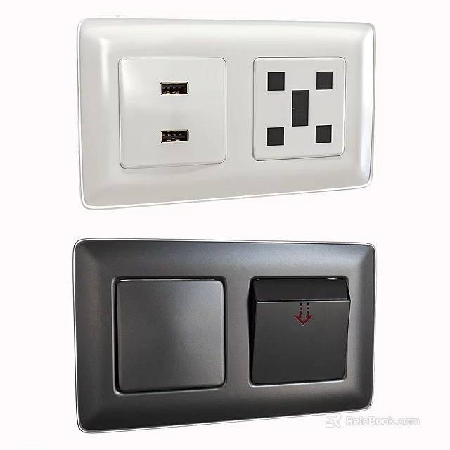 Modern Switch Panels With USB Ports Dual Sockets And White Dark Color Finishes 3d model 