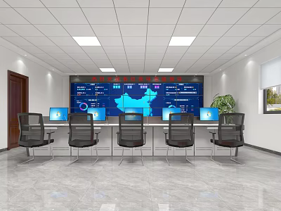 Modern Monitoring Room Interior With Large Screen Computers China Map Data Display And Office Desks 3d model