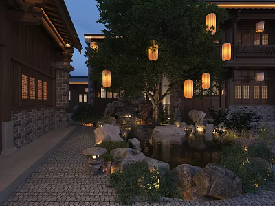 Traditional Courtyard Garden at Night with Hanging Lanterns Pond Rocks and Lighting 3d model