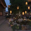 Traditional Courtyard Garden at Night with Hanging Lanterns Pond Rocks and Lighting