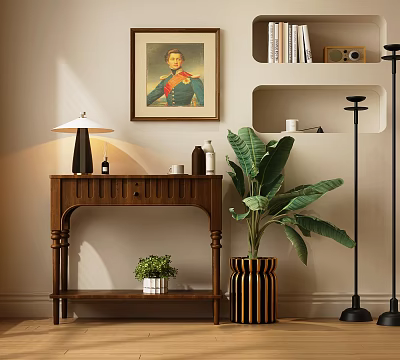 Wooden Console Table With Drawer Large Green Plant Framed Painting Table Lamp And Shelves 3d model