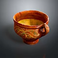 Traditional Ceramic Cup Sculpture With Red Exterior Yellow Interior And Intricate Patterns Handle