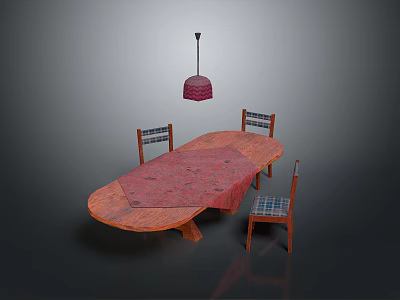 Oval Dining Table With Red Tablecloth Three Chairs And Red Pendant Light Above 3d model