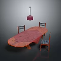 Oval Dining Table With Red Tablecloth Three Chairs And Red Pendant Light Above 3d model