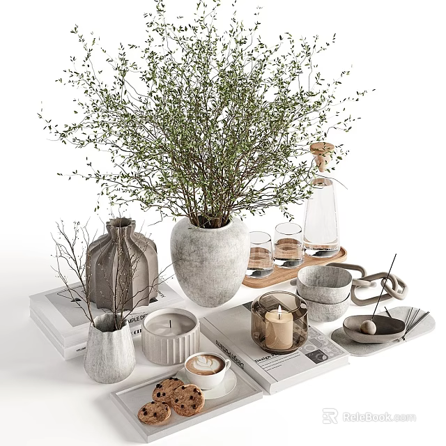 Minimalist Decorative Ornament Set With Green Plants Ceramic Vases Candles Stacked Books And Wooden Tray 3d model 