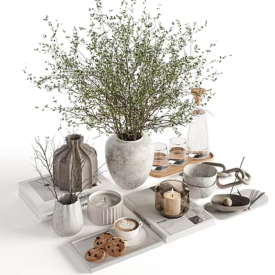 Minimalist Decorative Ornament Set With Green Plants Ceramic Vases Candles Stacked Books And Wooden Tray 3d model