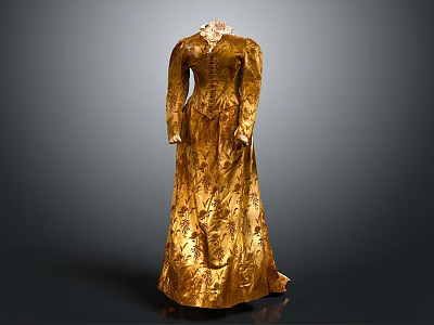 Elegant Golden Full Length Vintage Dress With Intricate Floral Patterns 3d model
