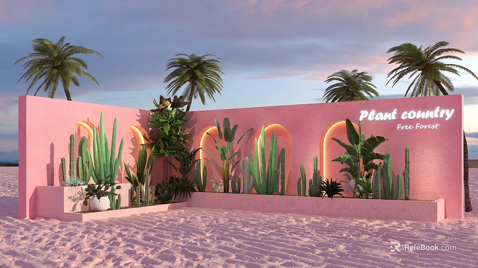 Plant co Free Space Featuring Pink Walls Arched Doorways Tropical Plants And Sand Ground 3d model 