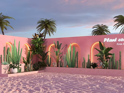 Plant co Free Space Featuring Pink Walls Arched Doorways Tropical Plants And Sand Ground 3d model