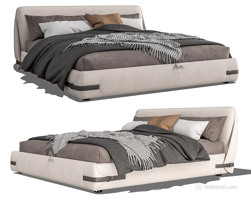 Modern Upholstered Double Beds Interior With Neutral Tones Blanket And Pillows 3d model 
