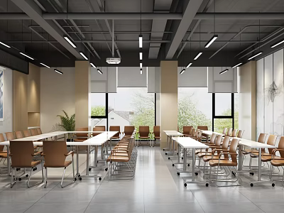 Modern Conference Room Interior With Long Tables Chairs Pendant Lights And Windows 3d model