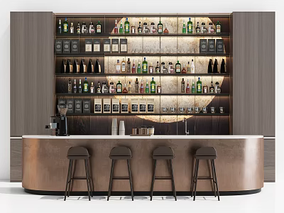 Modern Bar Counter Interior Design With Wine Bottles Shelves And Stools 3d model