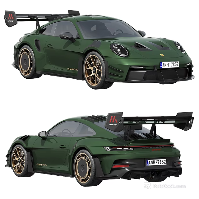 Green Sports Car With Gold Wheels And Black Rear Spoiler Design 3d model 