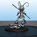 Cartoon Sculpture Holding Staff With Curly Horns Silver Armor On Cloud Base In Water Pool