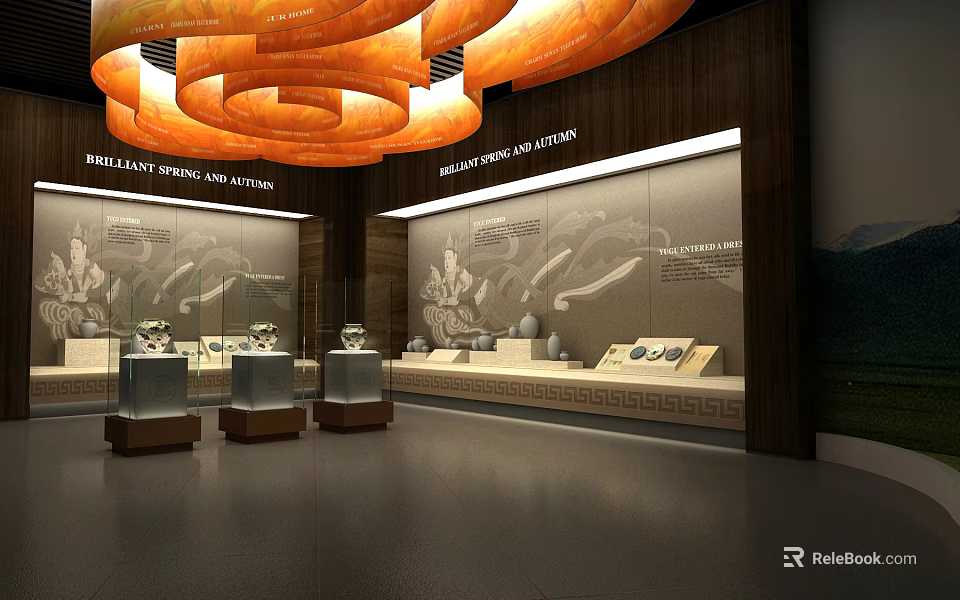 Brilliant Spring and Autumn Cultural Center with Orange Spiral Chandeliers and Relic Display Cases 3d model 
