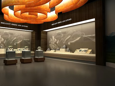 Brilliant Spring and Autumn Cultural Center with Orange Spiral Chandeliers and Relic Display Cases 3d model