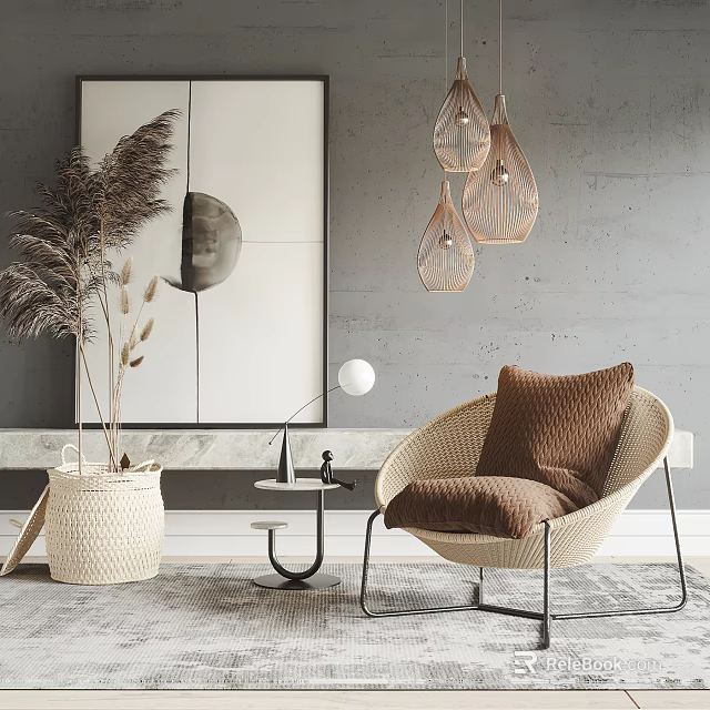 Woven Accent Chair With Brown Textured Pillow And Modern Floor Lamp Near Pampas Grass In Gray Wall Interior 3d model 