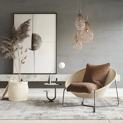 Woven Accent Chair With Brown Textured Pillow And Modern Floor Lamp Near Pampas Grass In Gray Wall Interior 3d model