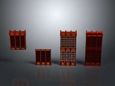 Wooden Bookcases With Various Heights And Designs On Gray Background With Reflections 3d model