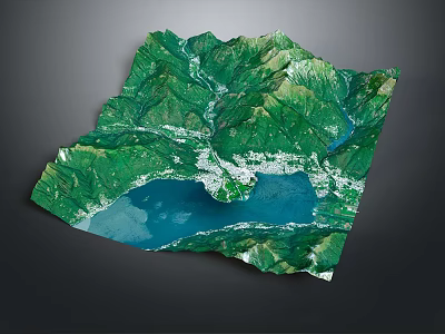 3D Terrain Model Featuring Green Mountains Blue Lake Rivers And White Snow Areas 3d model