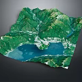 3D Terrain Model Featuring Green Mountains Blue Lake Rivers And White Snow Areas
