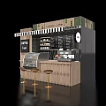 Coffee Shop Featuring Coffee Time Sign Menu Board Dessert Display Espresso Machine Gold Bar Stools