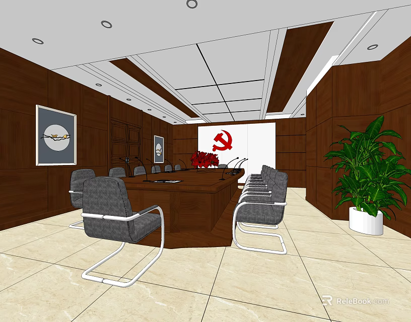 Elegant Conference Room With Dark Wooden Table Gray Chairs Red Emblem And Green Plant 3d model 