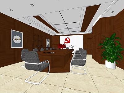 Elegant Conference Room With Dark Wooden Table Gray Chairs Red Emblem And Green Plant 3d model