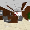 Elegant Conference Room With Dark Wooden Table Gray Chairs Red Emblem And Green Plant