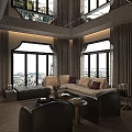 Modern Living And Dining Room Interior With Sofa Chairs Coffee Table Chandelier And Wine Racks