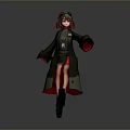 Anime Style Female Character in Black Robe with Red Accents and Twin Tails Standing Pose