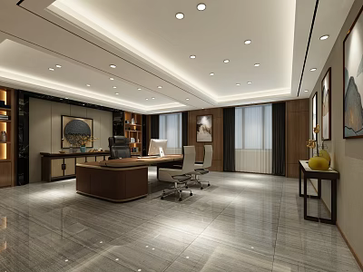 Modern Office Interior Featuring Large Wooden Desk Ergonomic Chair Bookshelf Decorative Paintings And Marble Flooring 3d model