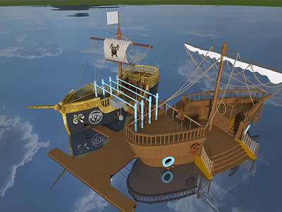 Ship Shaped Water Playground Equipment With Wooden Deck Pirate Flag Railings And Floating Platform 3d model