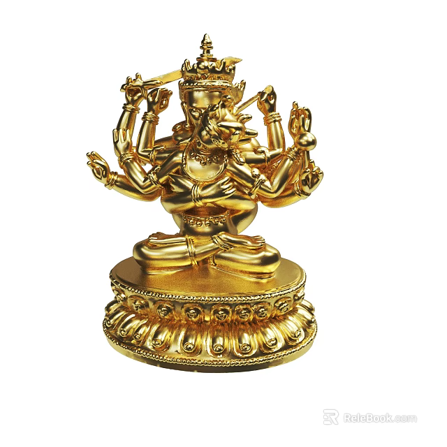 Golden Multi Armed Buddha Statue In Sitting Posture With Intricate Base Design 3d model 