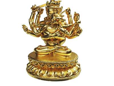 Golden Multi Armed Buddha Statue In Sitting Posture With Intricate Base Design 3d model