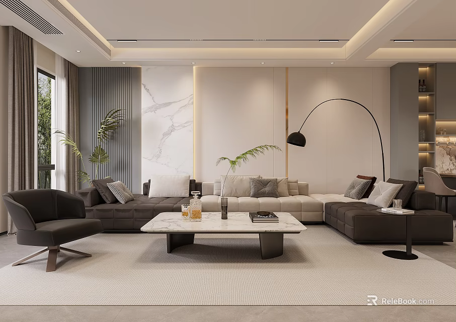 Modern Living and Dining Room Interior With Sofa Coffee Table Plants And Floor Lamp 3d model 