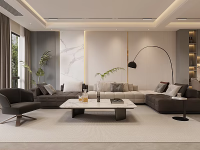 Modern Living and Dining Room Interior With Sofa Coffee Table Plants And Floor Lamp 3d model