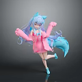 Cute Cartoon Child with Light Blue Hair Pink Dress Big Gloves and Fox Tail Dancing