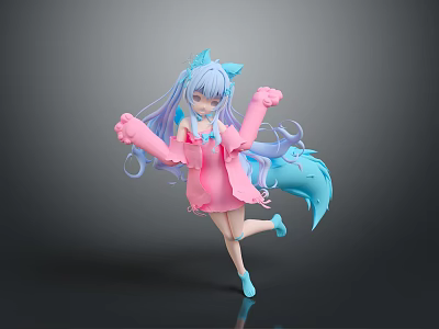 Cute Cartoon Child with Light Blue Hair Pink Dress Big Gloves and Fox Tail Dancing 3d model