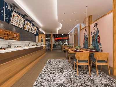 Cozy Modern Restaurant Interior With Wooden Furniture Long Bar Counter Patterned Carpet And Warm Lighting 3d model